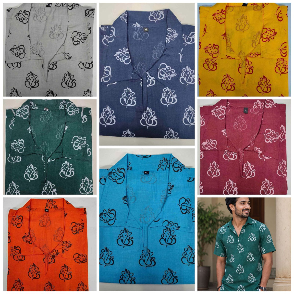 Men's Cotton Ganpati Print Short Kurta (Half Sleeves)