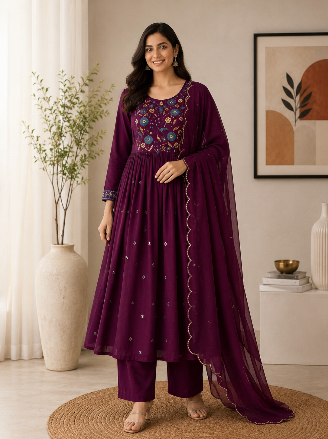 Drishti Premium Mul Chanderi Embroidered Kurta Set with Dupatta