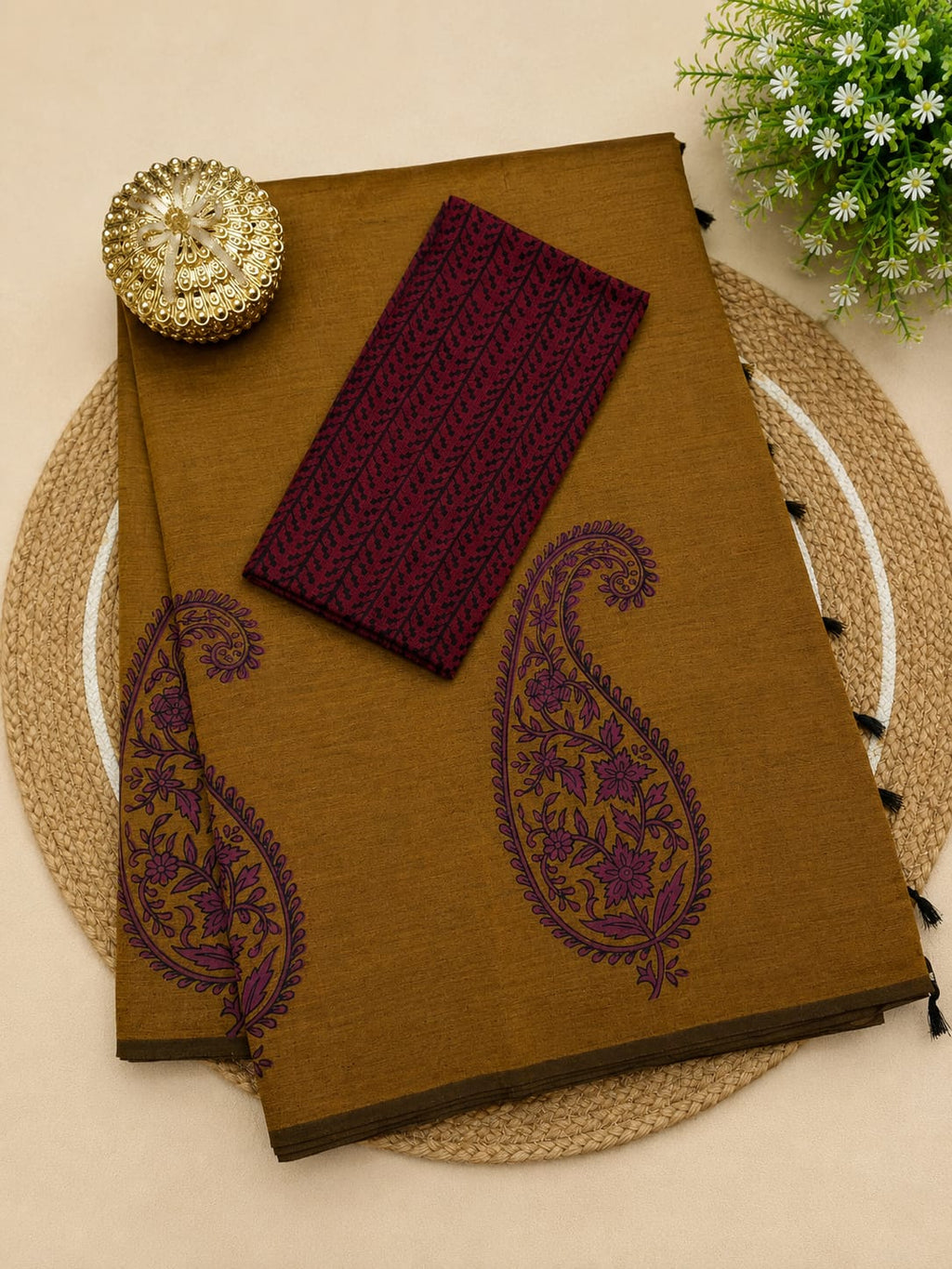 South Cotton Mix Block Printed Saree with Blouse