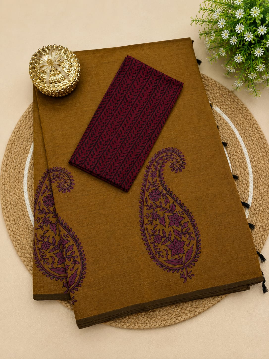 South Cotton Mix Block Printed Saree with Blouse