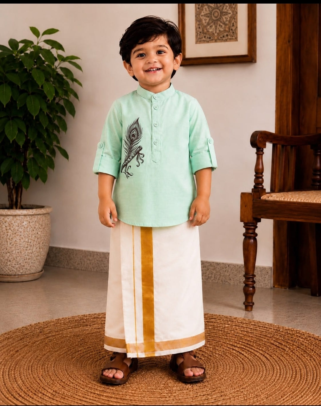 Kids  Embroidered Kurta & White Mundu Set