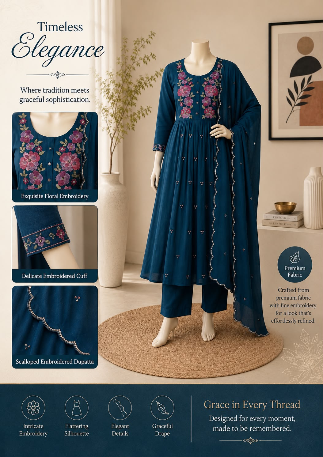 Drishti Premium Mul Chanderi Embroidered Kurta Set with Dupatta