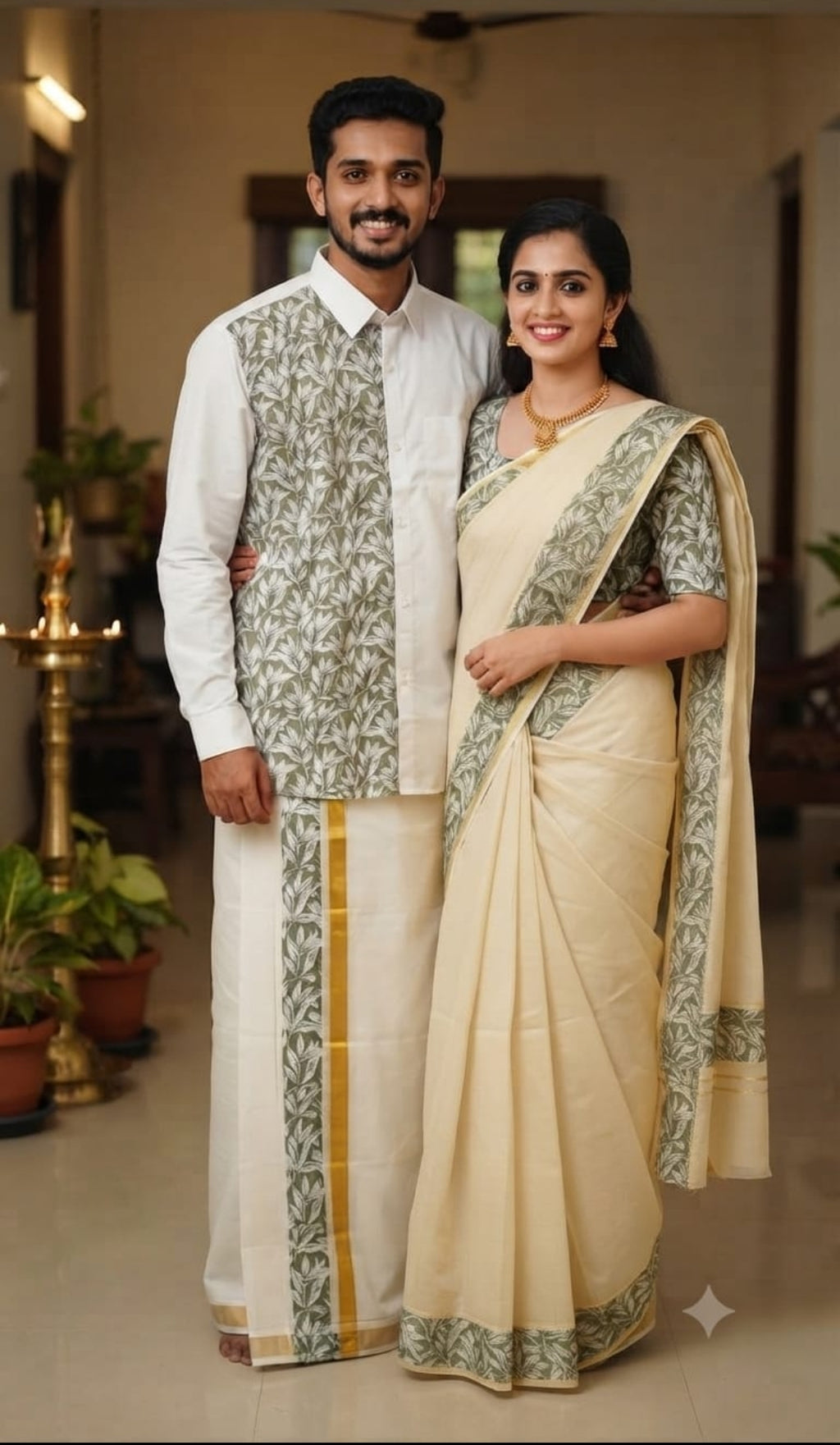Kerala Couple Traditional Wear Combo – Matching Shirt, Mundu & Saree Set