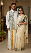Kerala Couple Traditional Wear Combo – Matching Shirt, Mundu & Saree Set