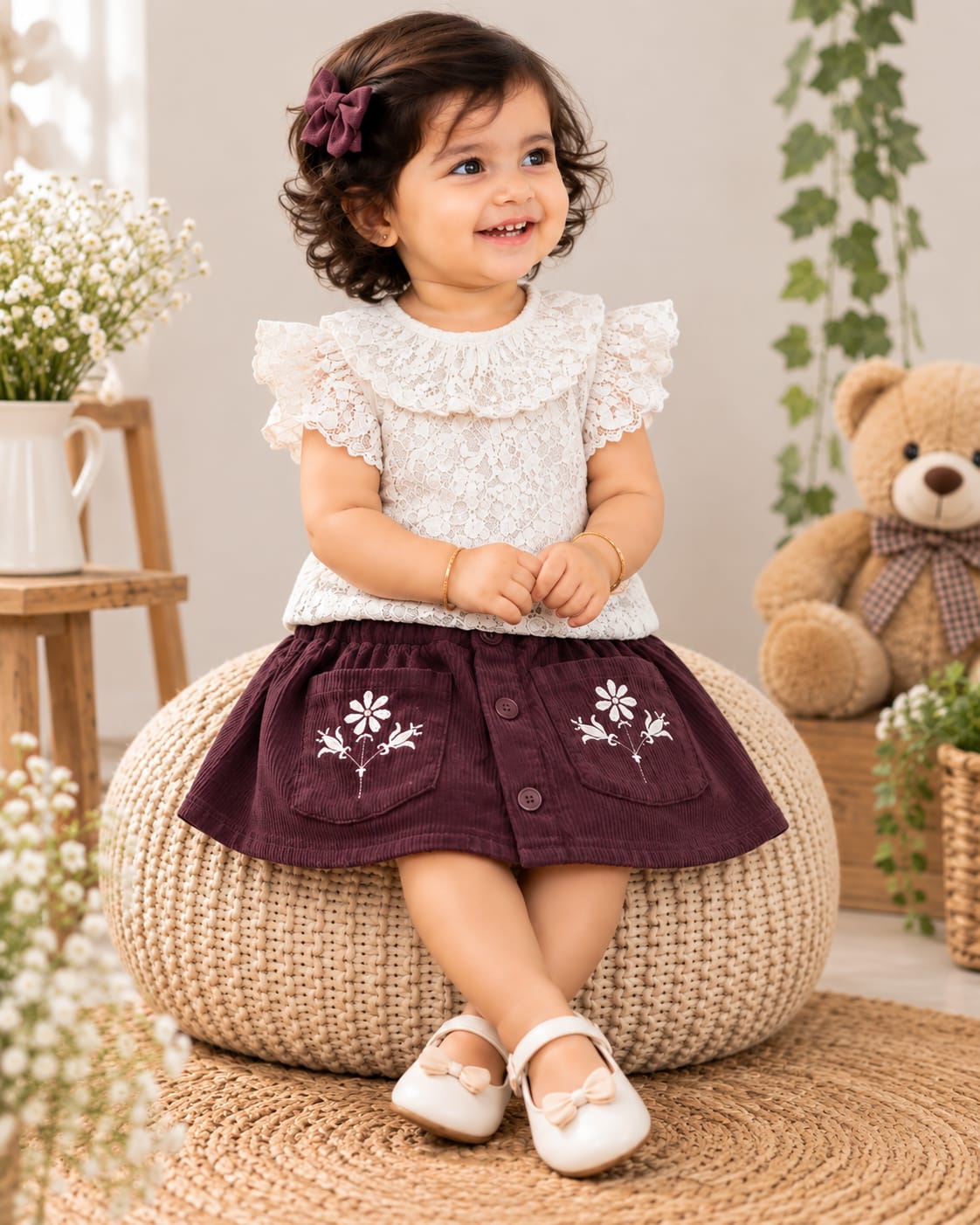 Corduroy Skirt & Floral Lace Top Set