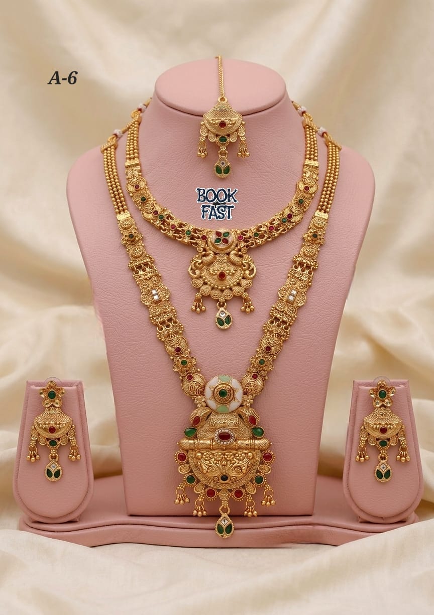 Premium Brass High Gold Antique Rajwadi Mett Combo Jewellery Set with Earrings & Mang Tikka