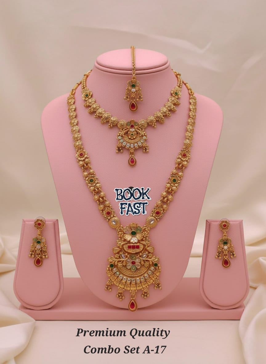 Premium Brass High Gold Antique Rajwadi Mett Combo Jewellery Set with Earrings & Mang Tikka