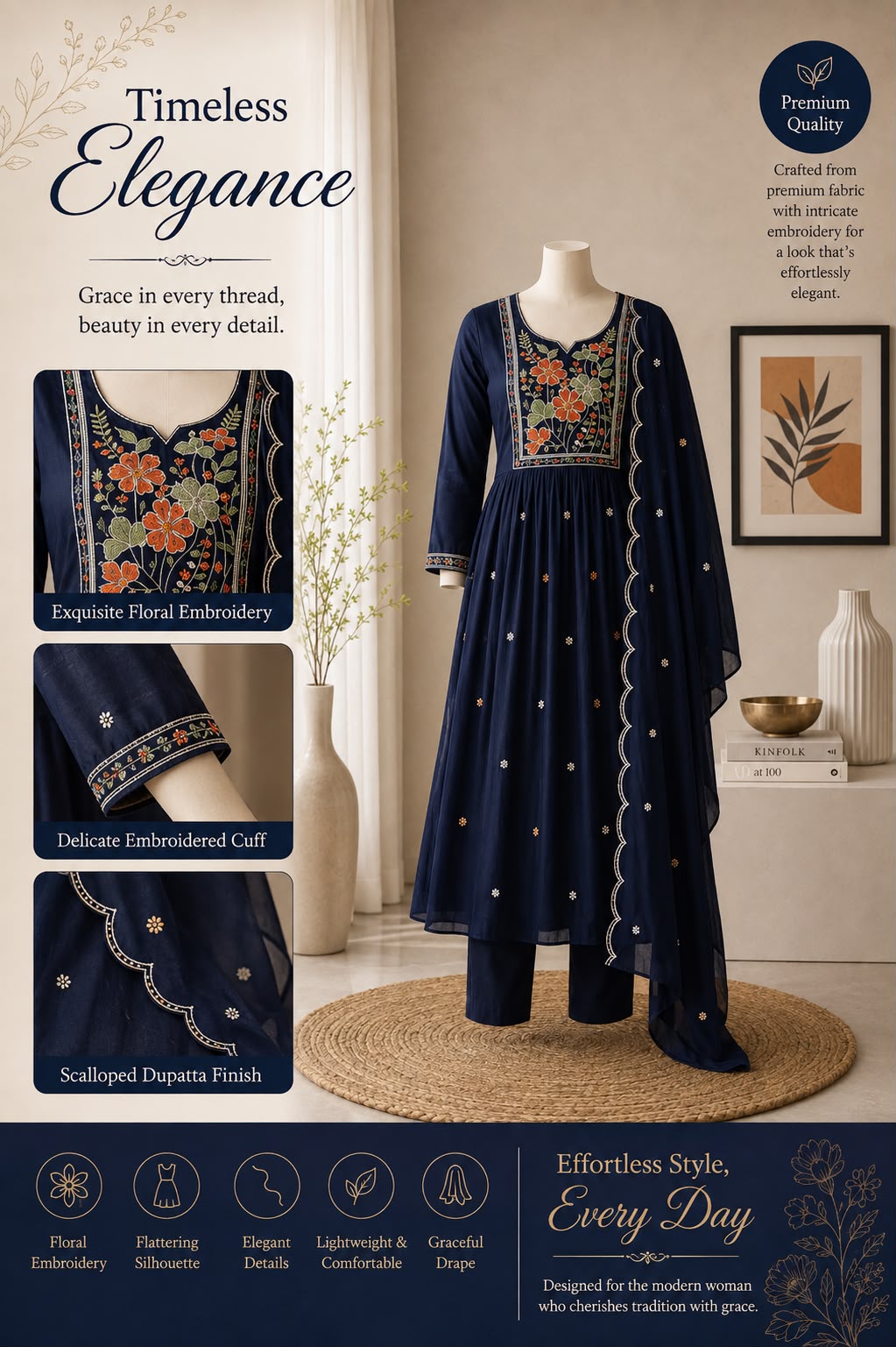 Drishti Premium Mul Chanderi Embroidered Kurta Set with Dupatta