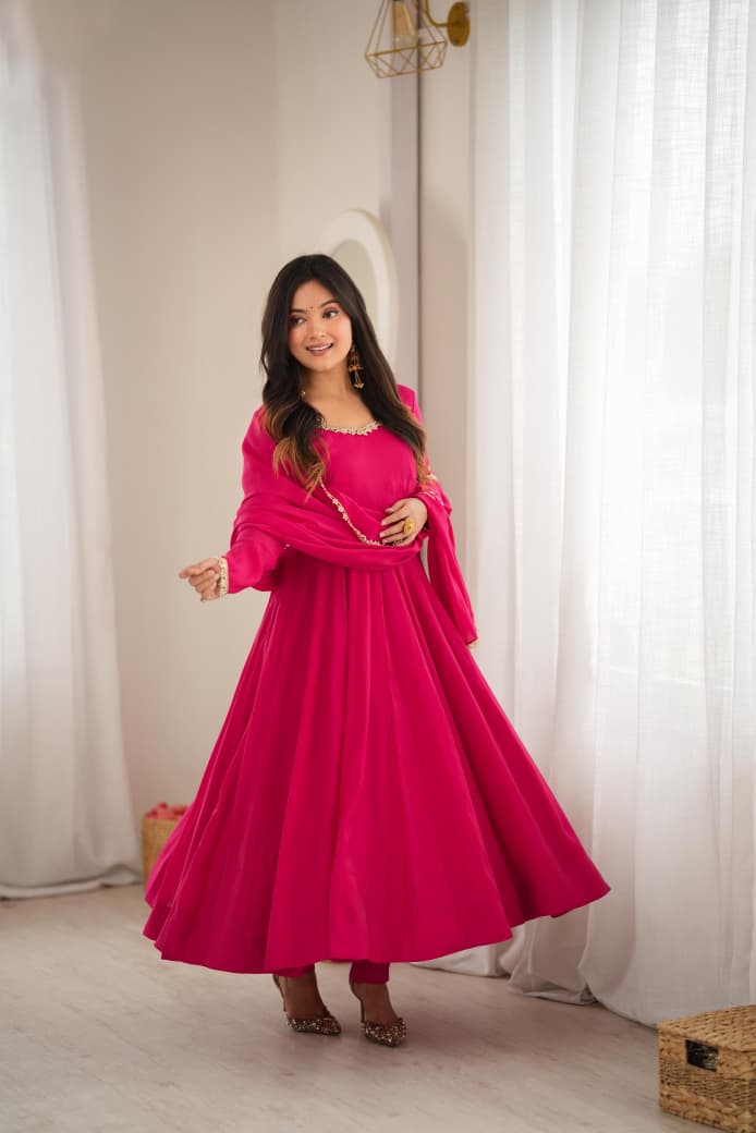 Premium Pure Mal Chanderi Fully Flare Anarkali Set with Dupatta