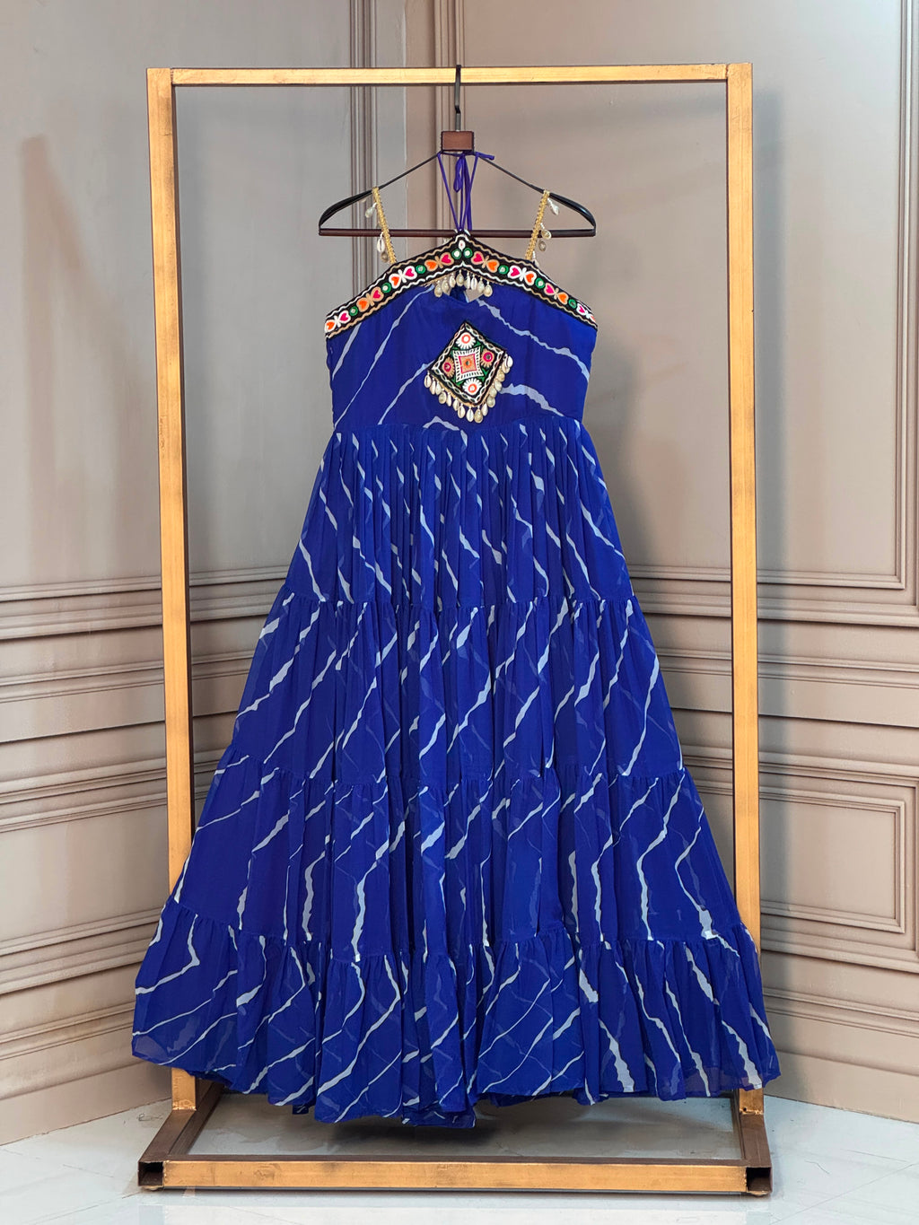 Navratri 2026 Laheriya Print Kutchi Patchwork Faux Georgette Gown