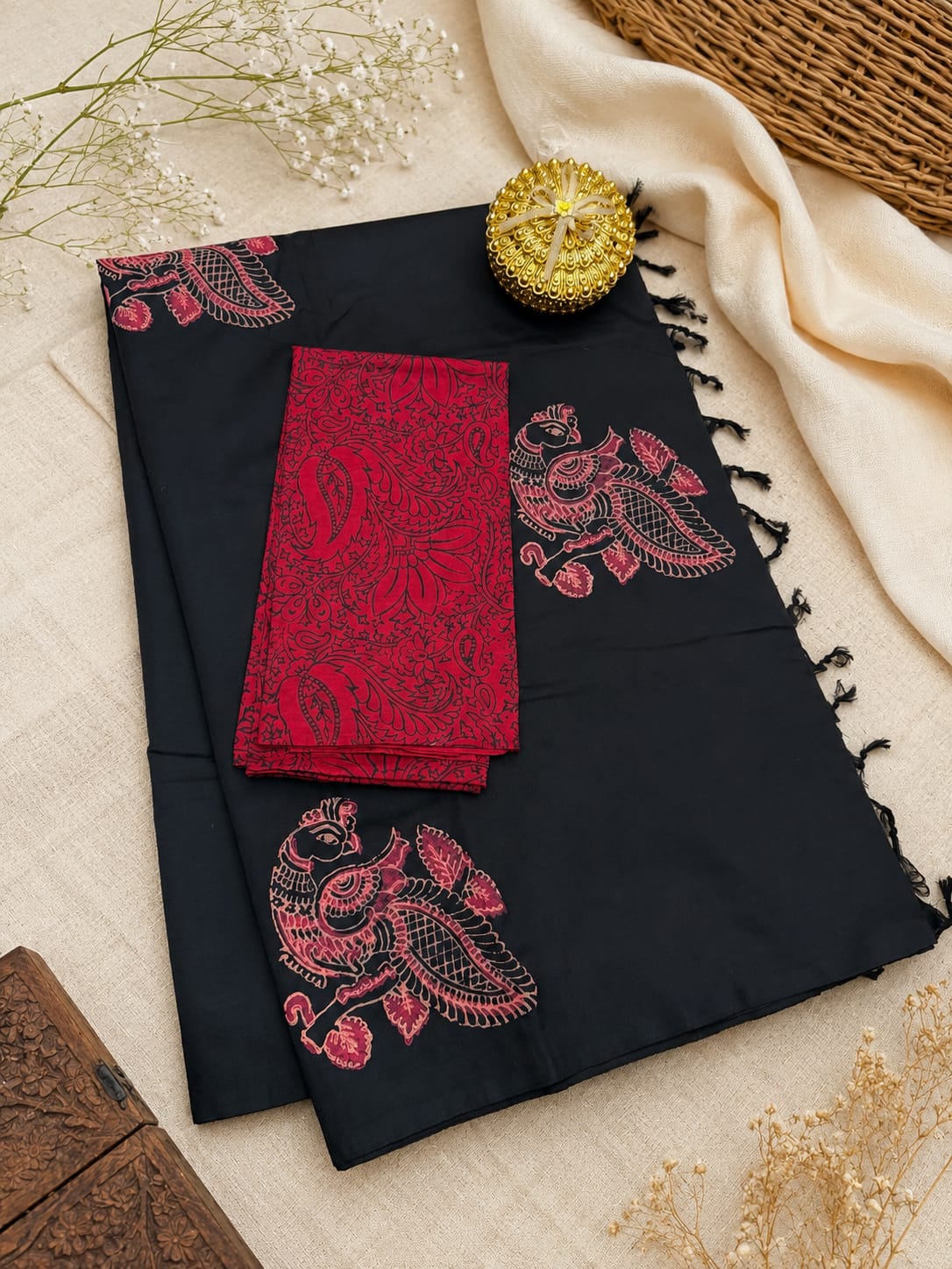South Cotton Mix Block Printed Saree with Blouse