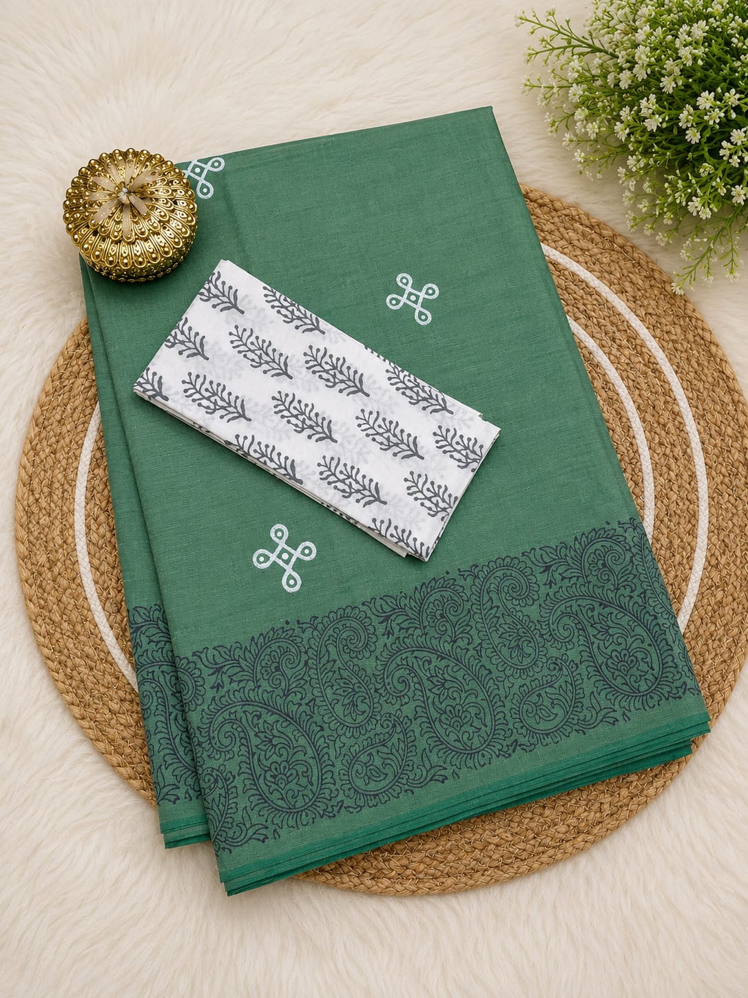 South Cotton Mix Block Printed Saree with Blouse