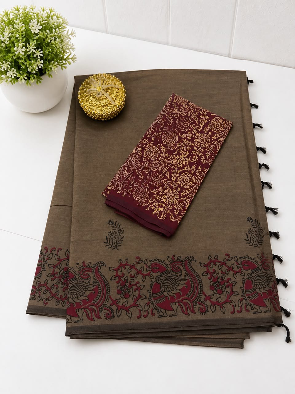 South Cotton Mix Block Printed Saree with Blouse