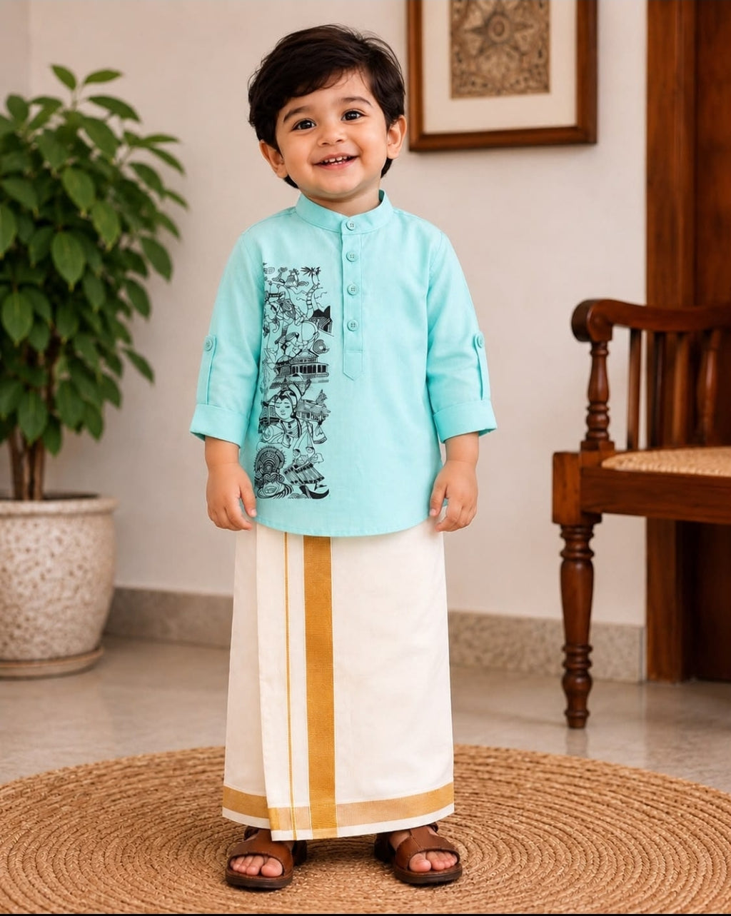 Kids  Embroidered Kurta & White Mundu Set