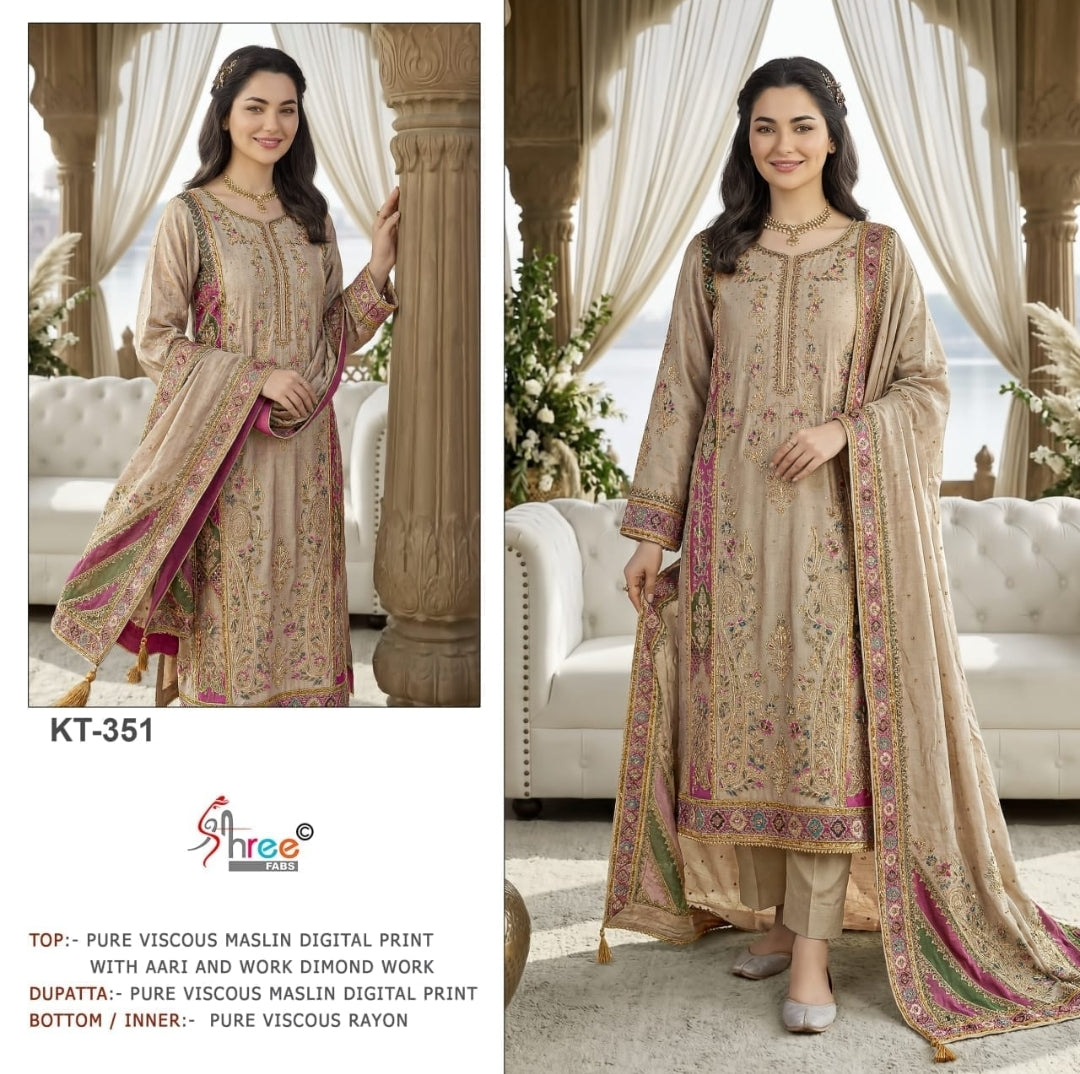 Premium Pure Viscose Maslin Digital Print Suit Set with Hand Work