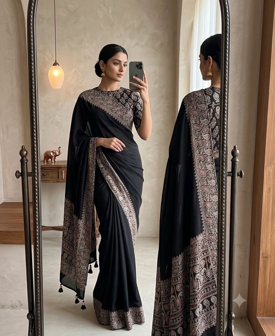 Kajarkha Pure Crape Satin Ajrak Printed Saree