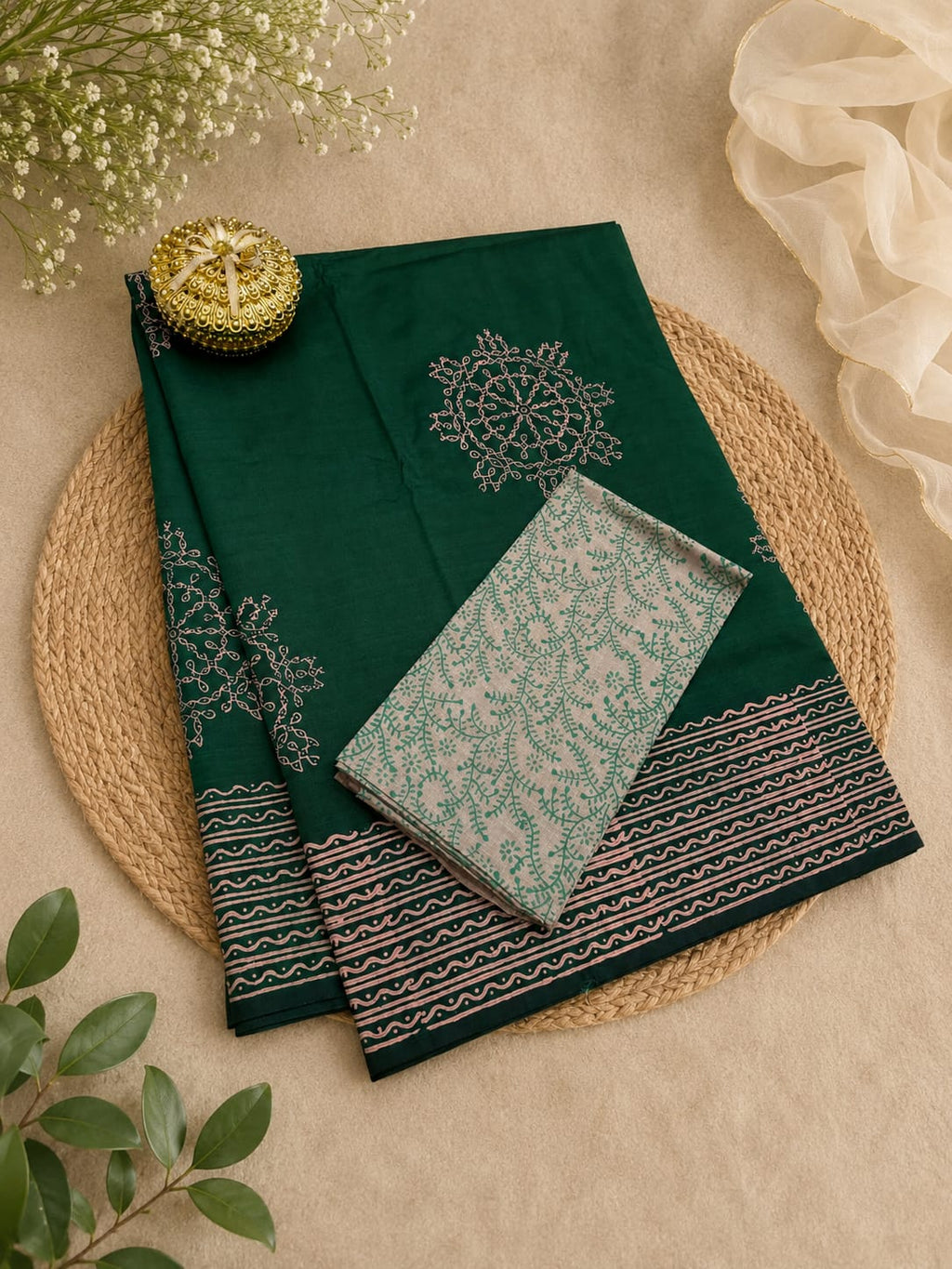 South Cotton Mix Block Printed Saree with Blouse