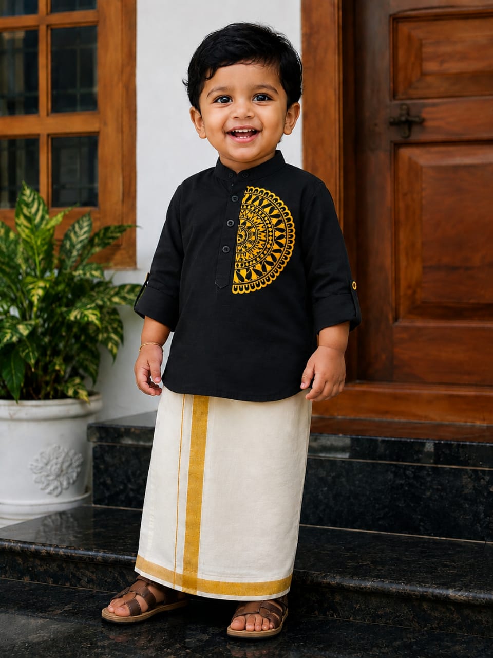 Kids Maroon Ethnic Shirt & Gold Border Mundu Set