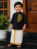 Kids Maroon Ethnic Shirt & Gold Border Mundu Set