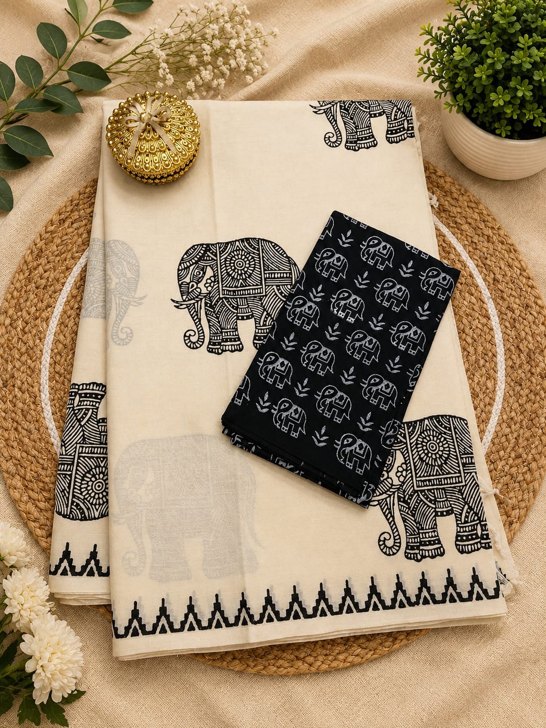 South Cotton Mix Block Printed Saree with Blouse
