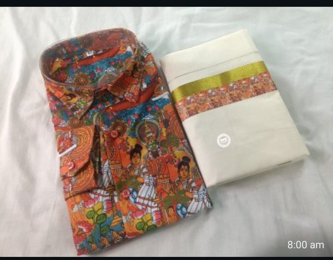 Premium Kerala Traditional Shirt & Kasavu Mundu Combo Set