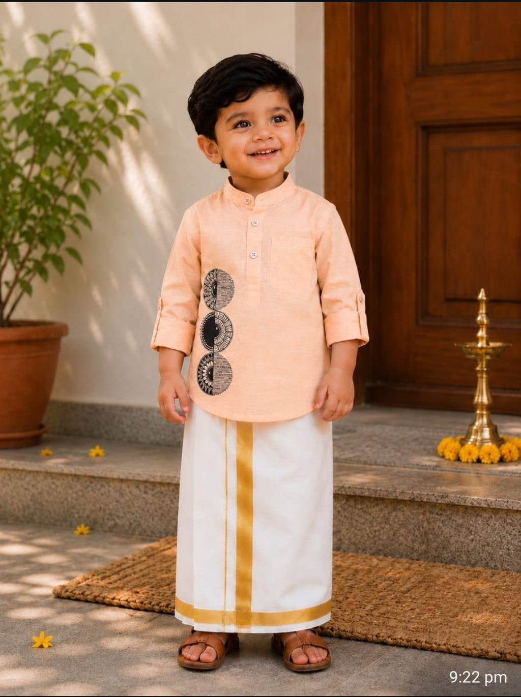 Kids  Embroidered Kurta & White Mundu Set