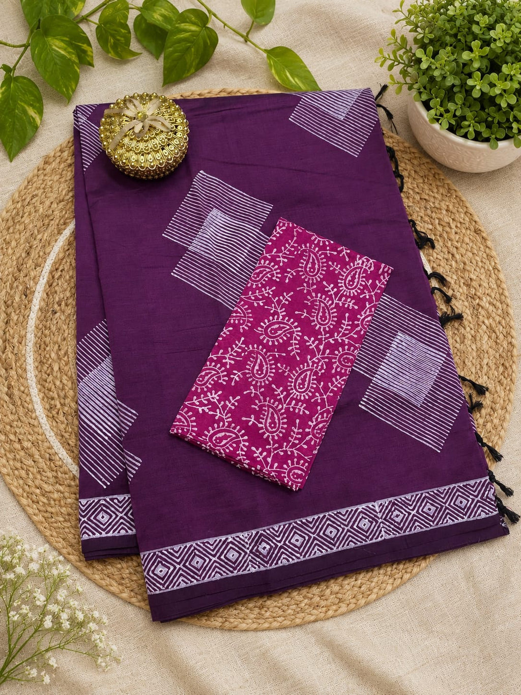 South Cotton Mix Block Printed Saree with Blouse