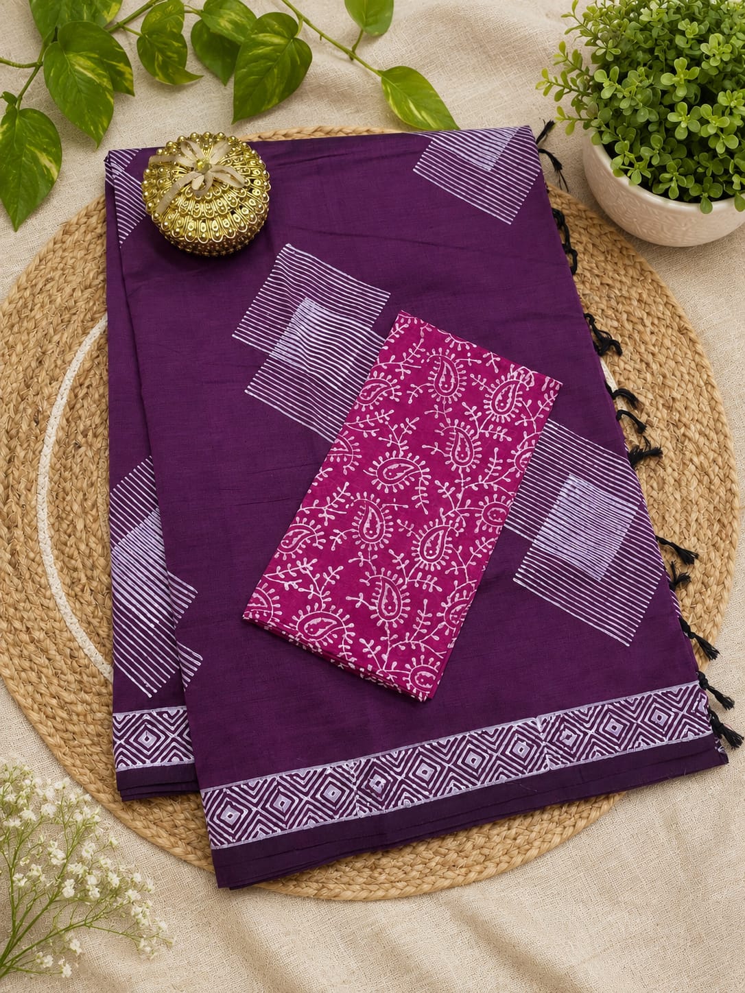 South Cotton Mix Block Printed Saree with Blouse