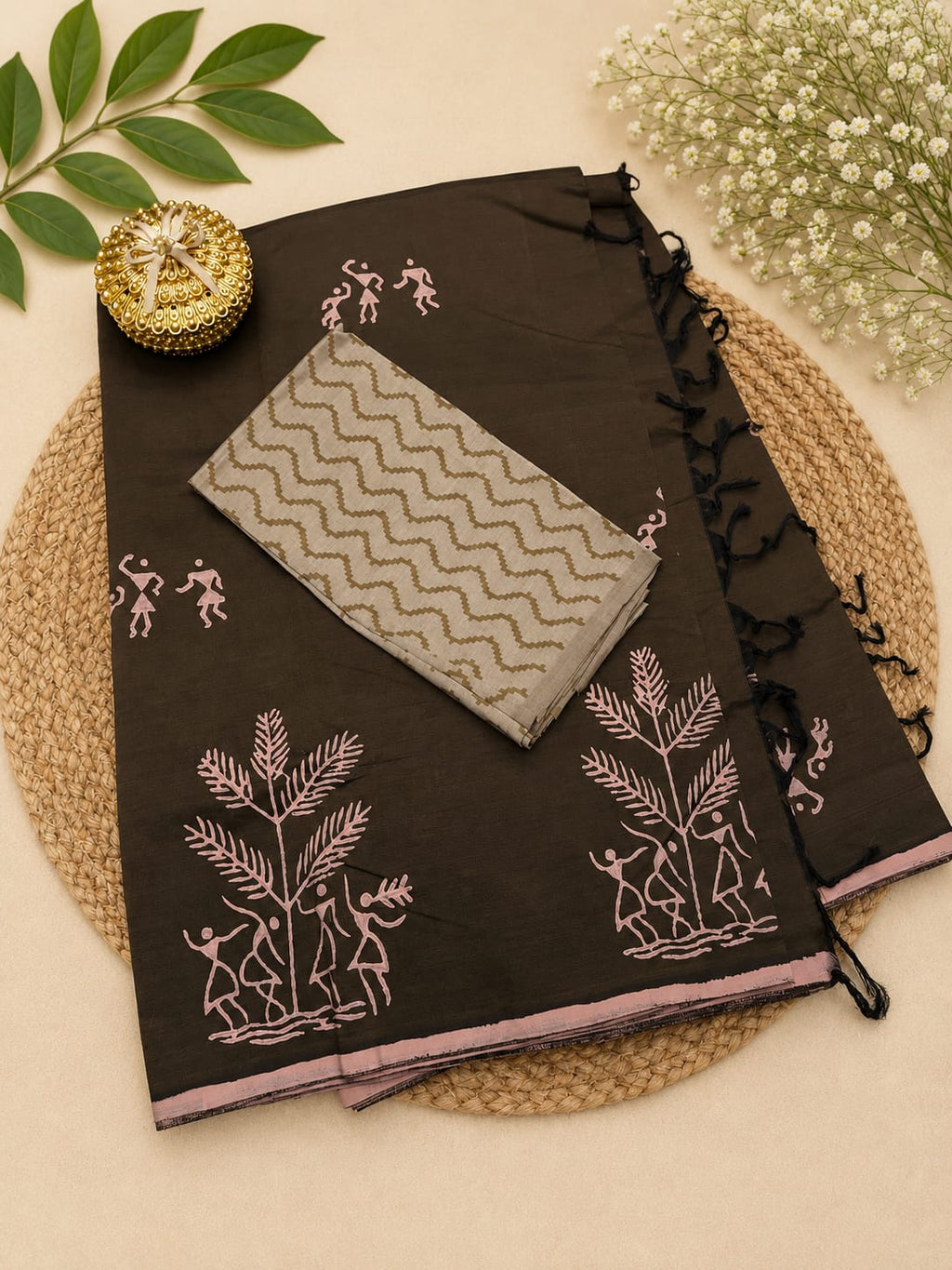 South Cotton Mix Block Printed Saree with Blouse