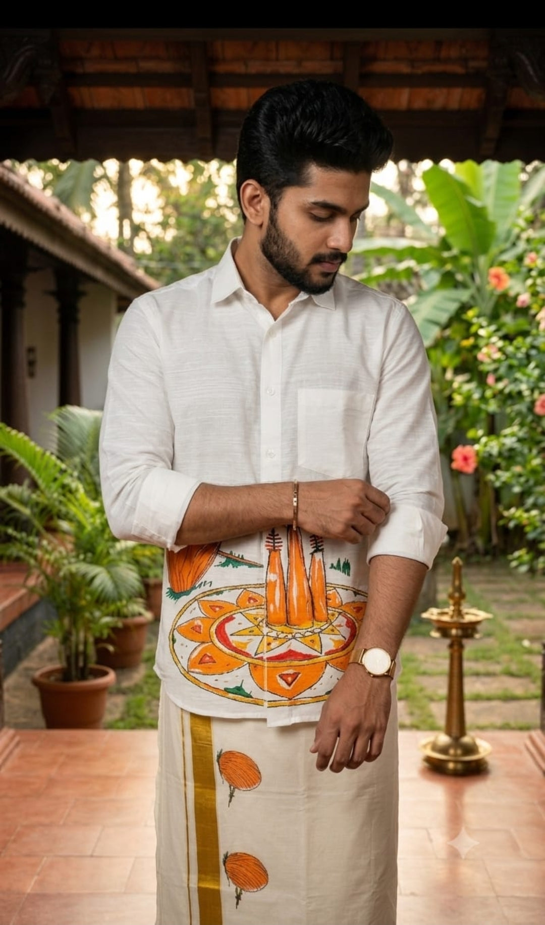 Men's Premium Hand-Painted Onam Shirt & Kasavu Mundu Set