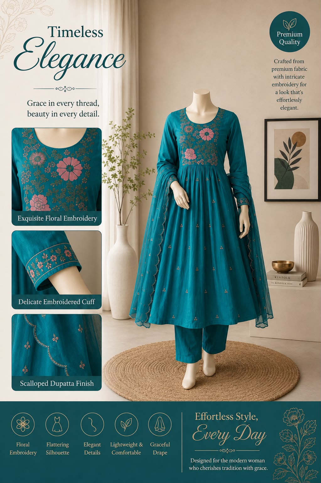 Drishti Premium Mul Chanderi Embroidered Kurta Set with Dupatta