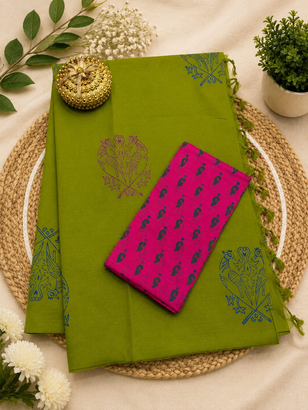 South Cotton Mix Block Printed Saree with Blouse