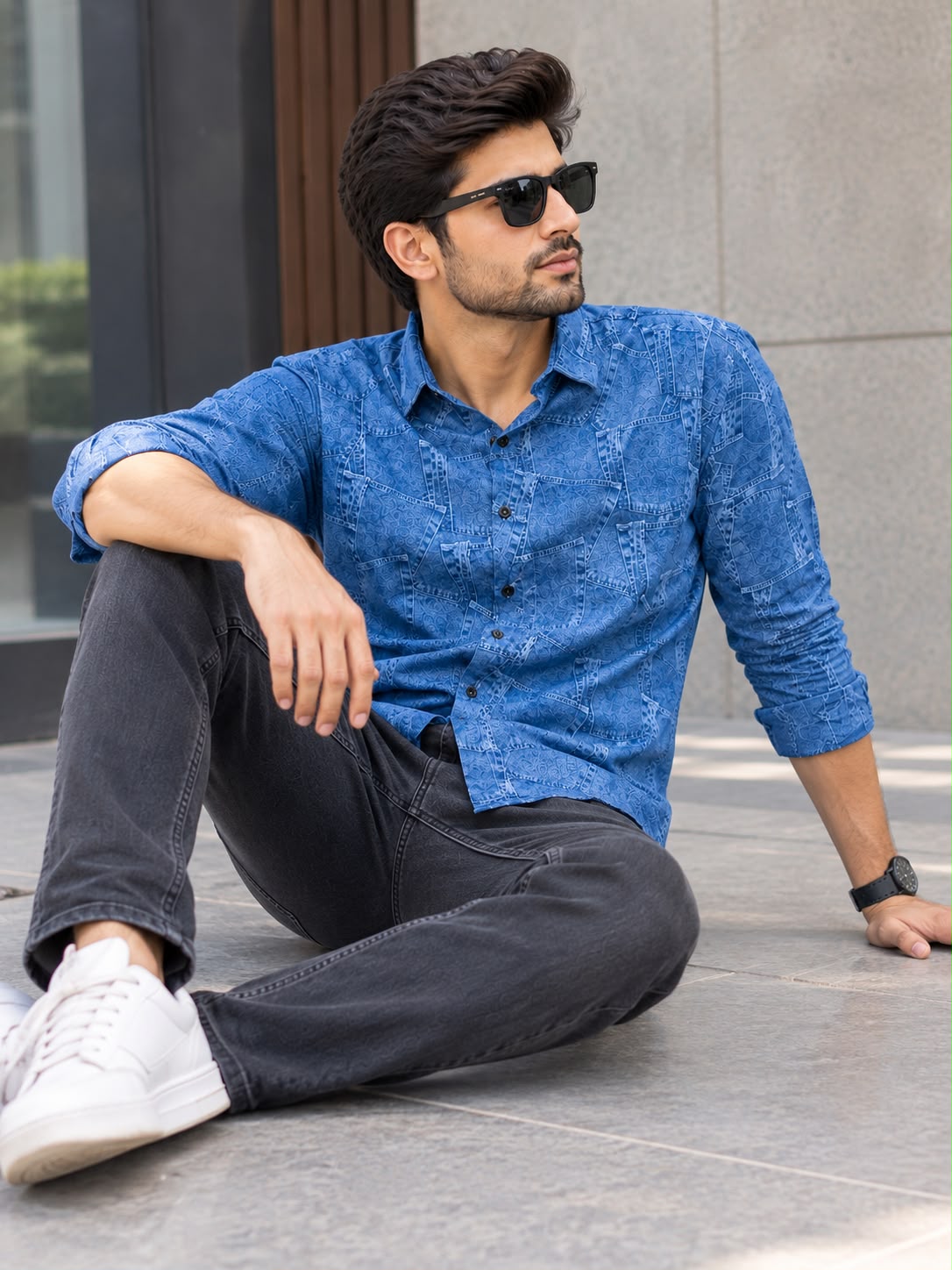 Premium Designer Patchwork Denim Print Cotton Shirt - Full Sleeve