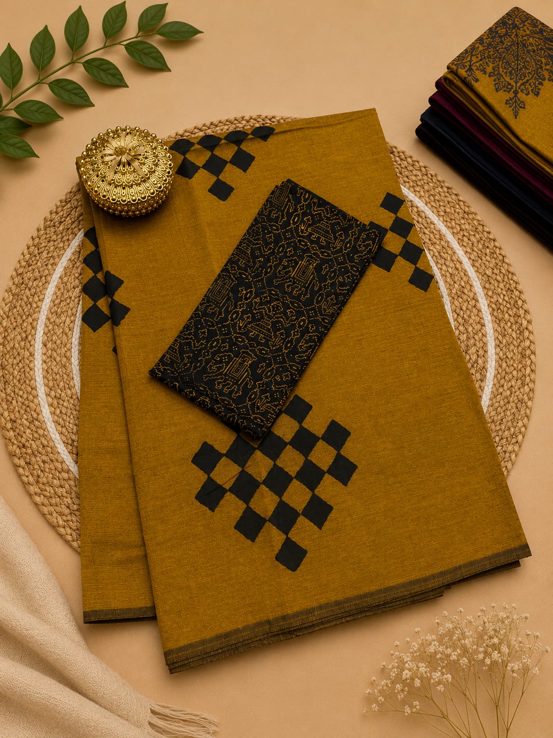South Cotton Mix Block Printed Saree with Blouse