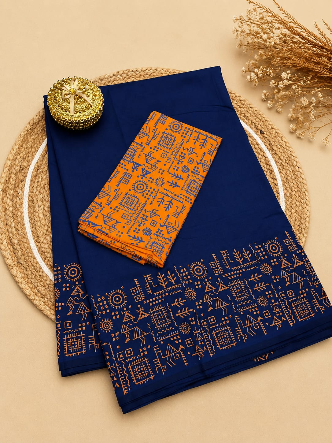 South Cotton Mix Block Printed Saree with Blouse