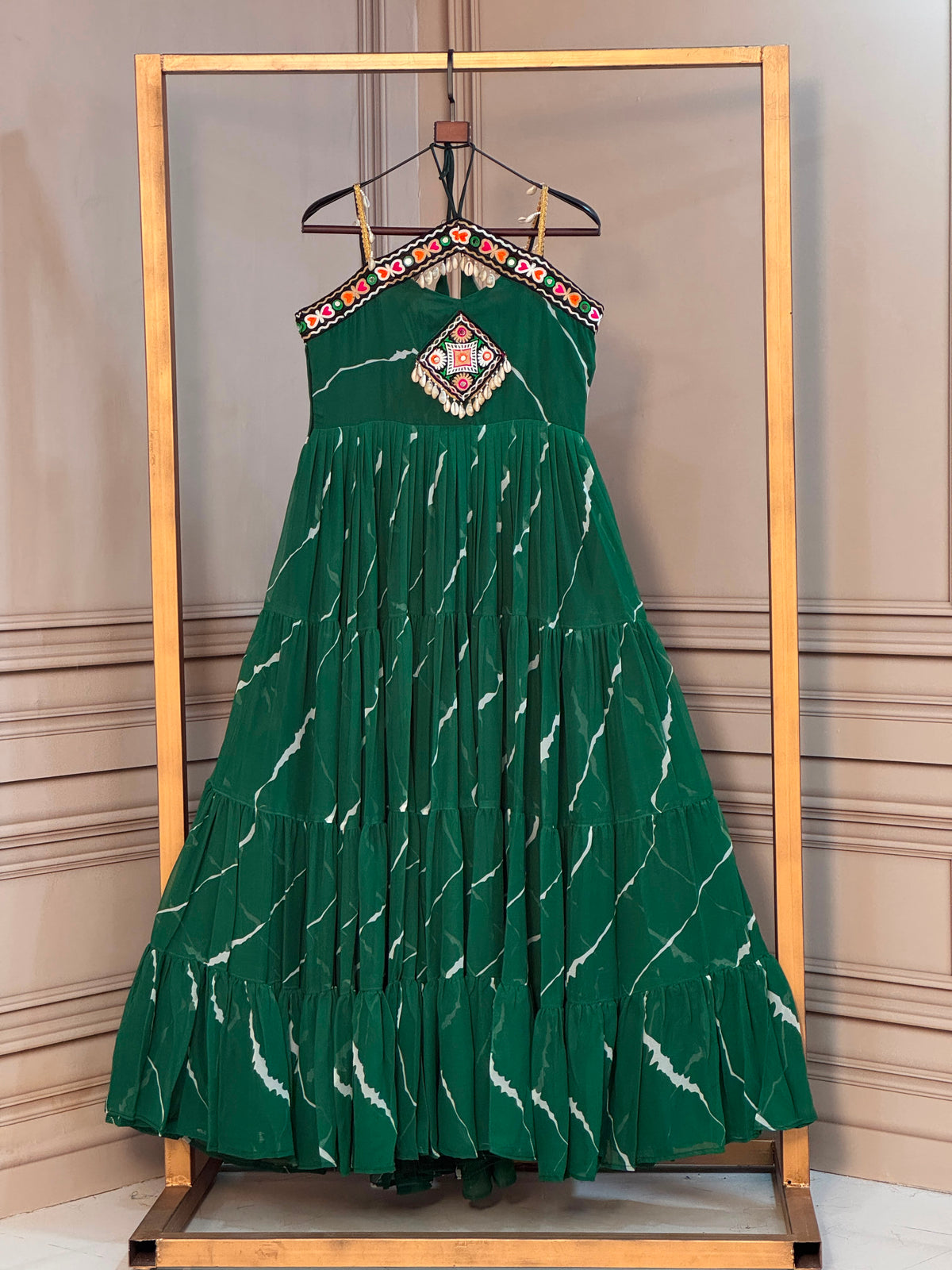 Navratri 2026 Laheriya Print Kutchi Patchwork Faux Georgette Gown
