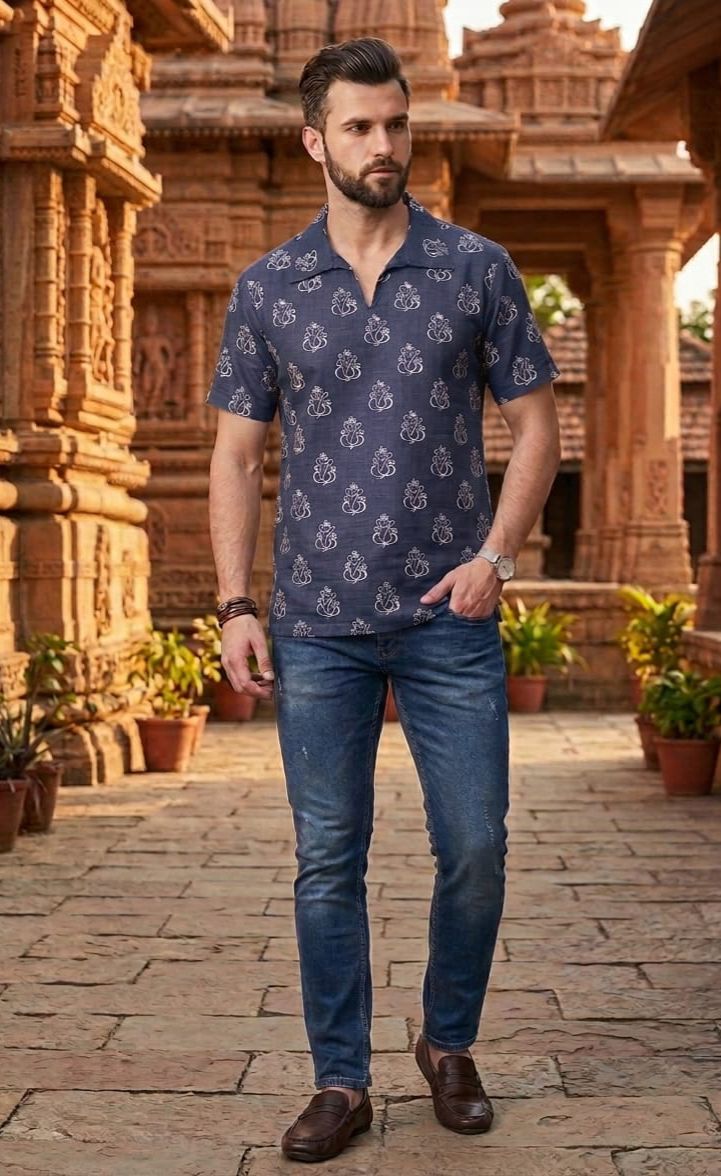 Men's Cotton Ganpati Print Short Kurta (Half Sleeves)