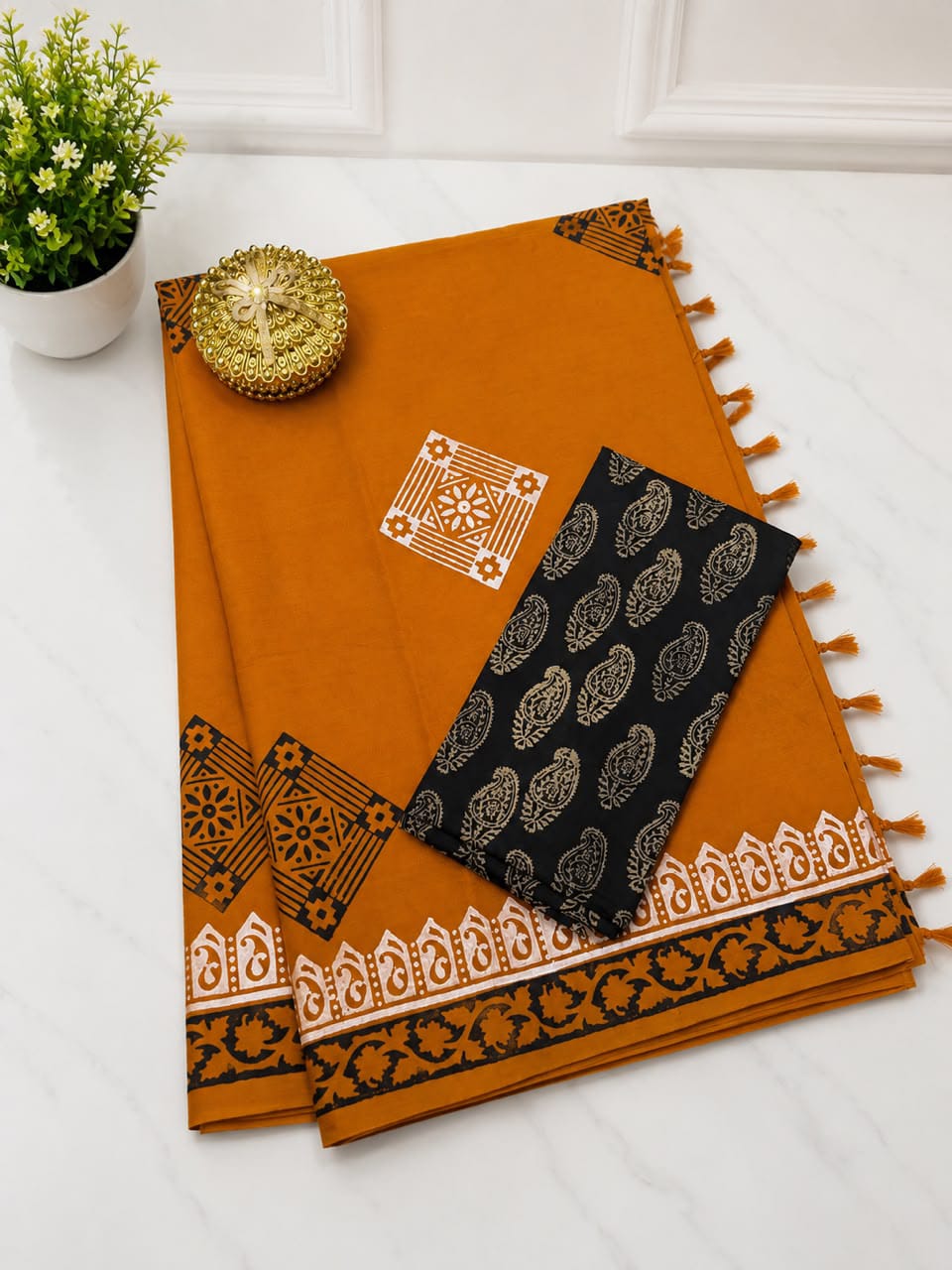 South Cotton Mix Block Printed Saree with Blouse