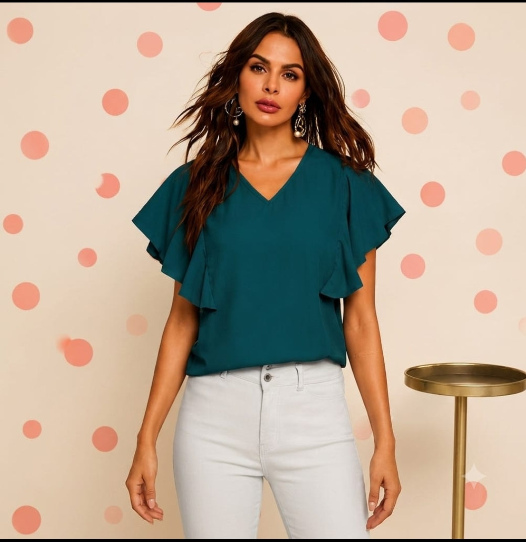 Women's Teal Flutter Sleeve V-Neck Top 1 piece