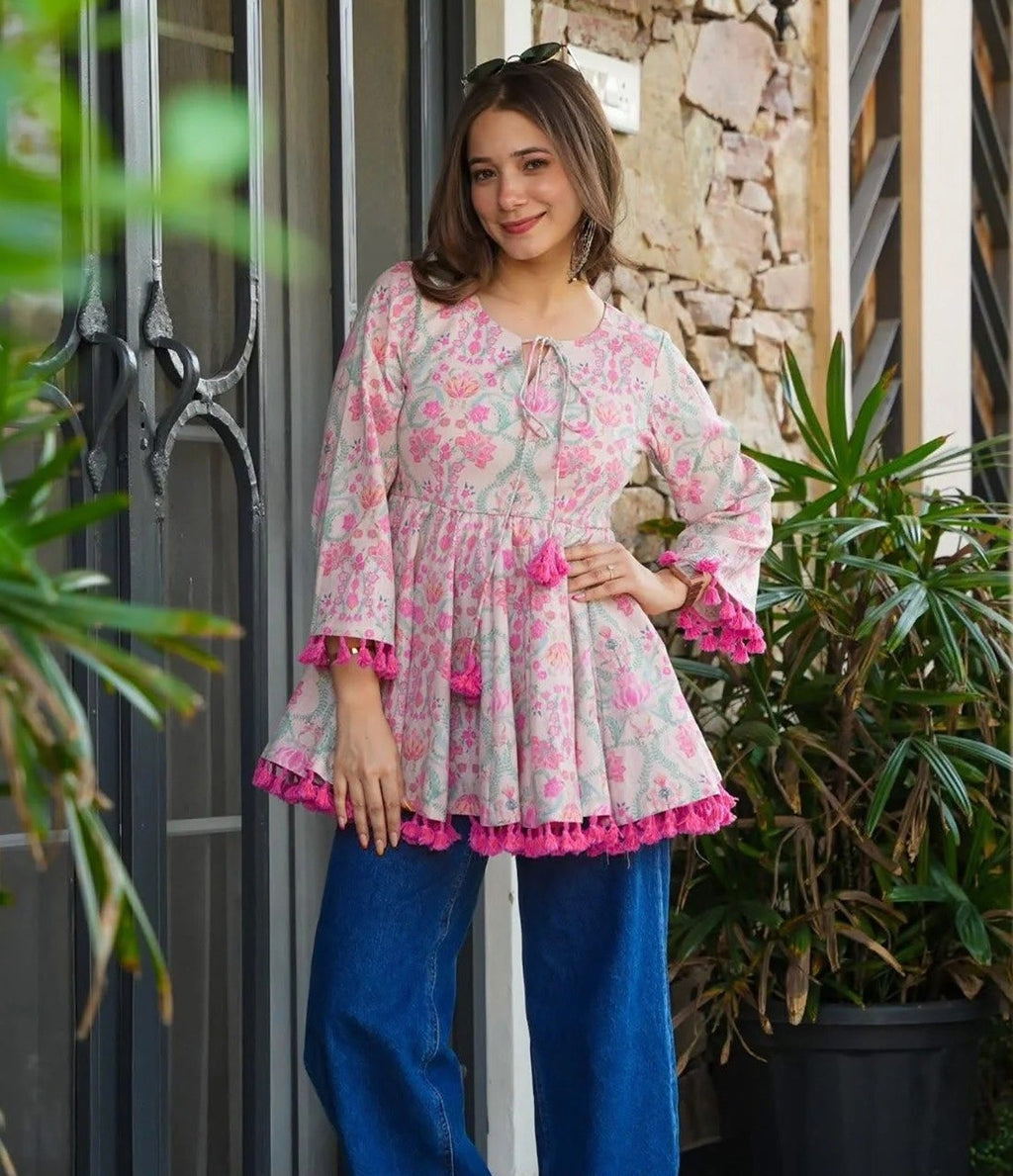 Women’s Floral Printed Peplum Kurti with Tassel Detailing