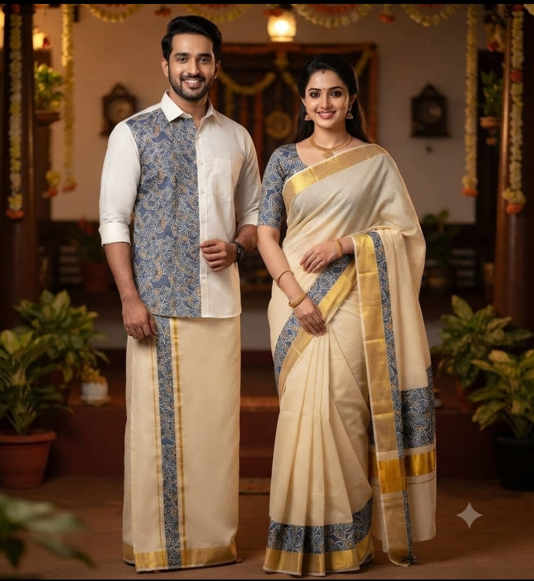 Kerala Couple Traditional Wear Combo – Matching Shirt, Mundu & Saree Set