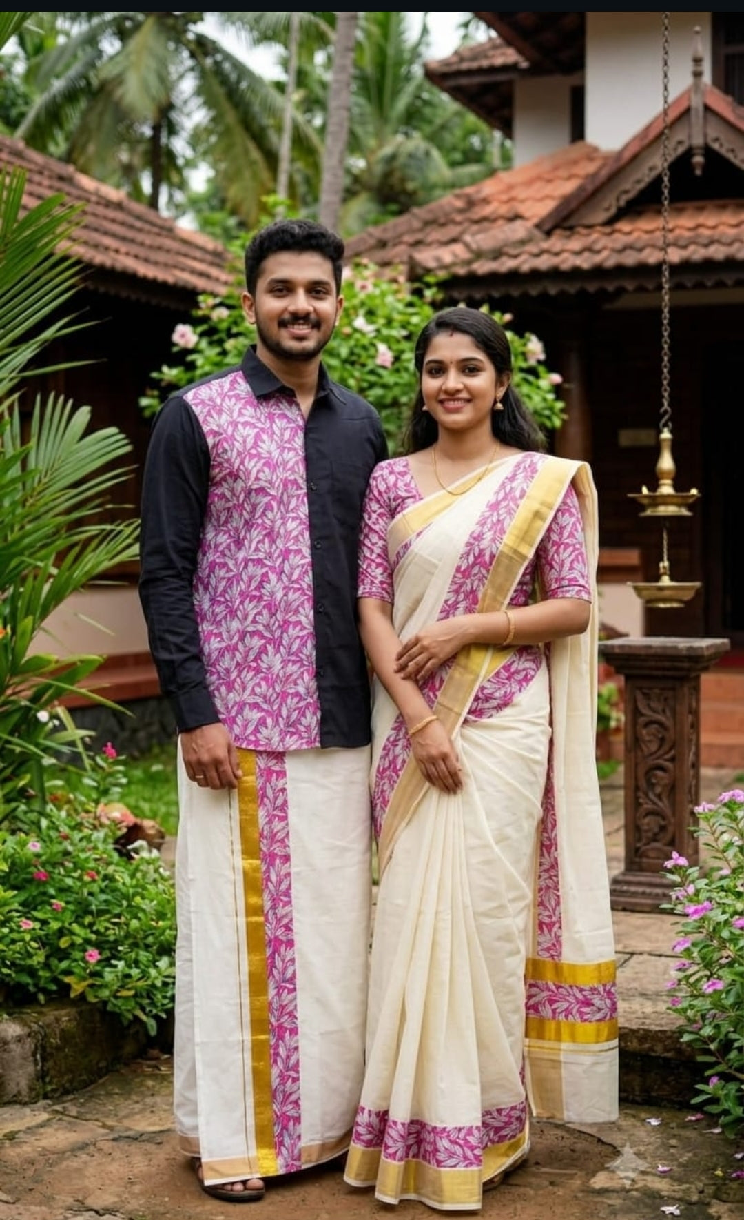 Kerala Couple Traditional Wear Combo – Matching Shirt, Mundu & Saree Set
