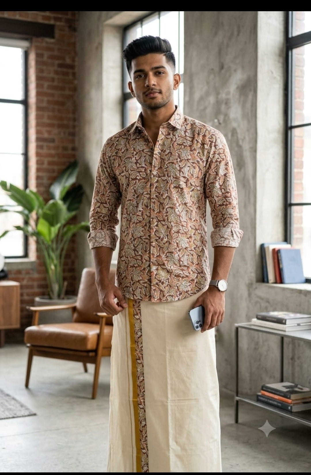 Kerala Traditional Printed Shirt & Mundu Set