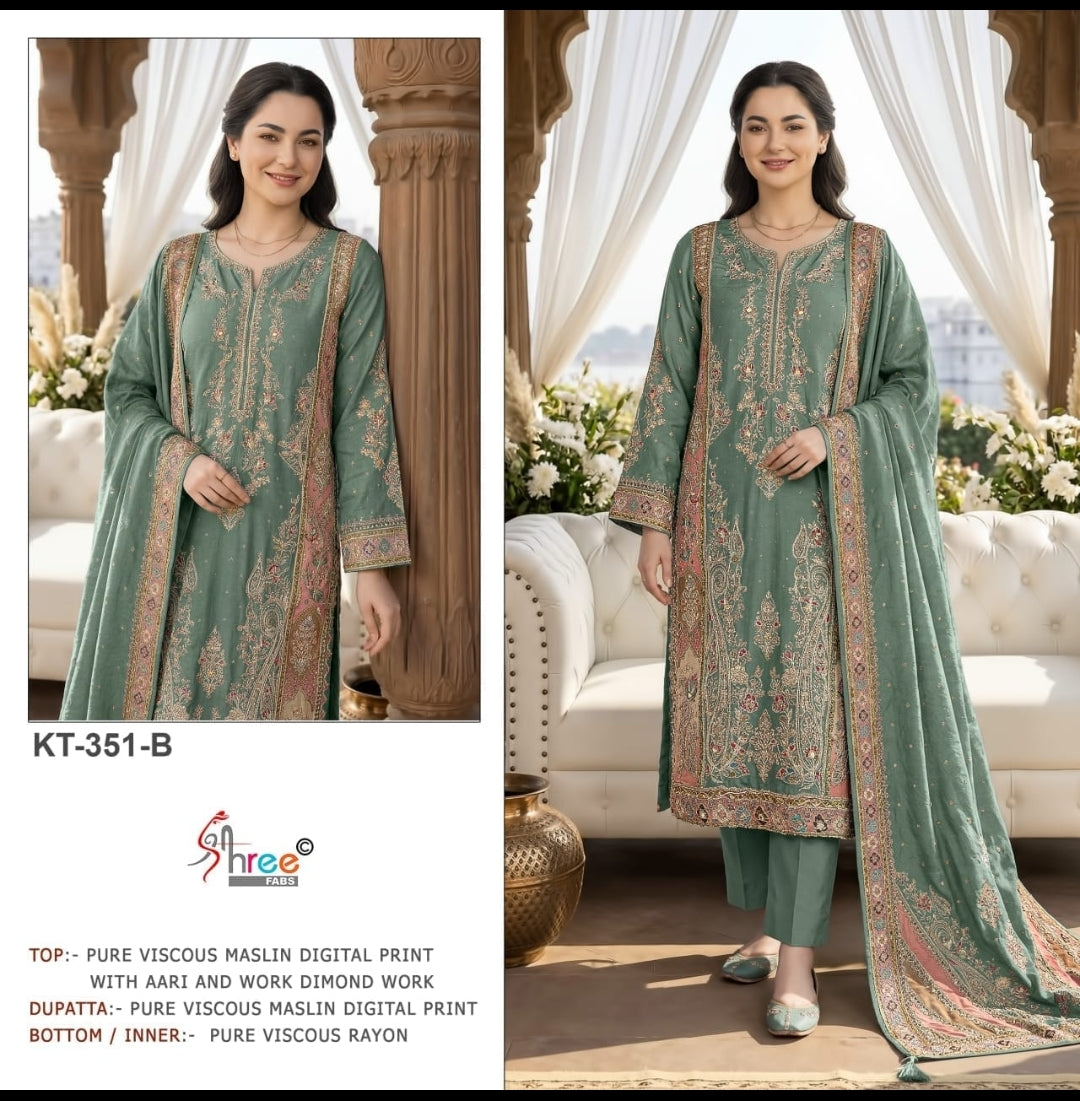 Premium Pure Viscose Maslin Digital Print Suit Set with Hand Work