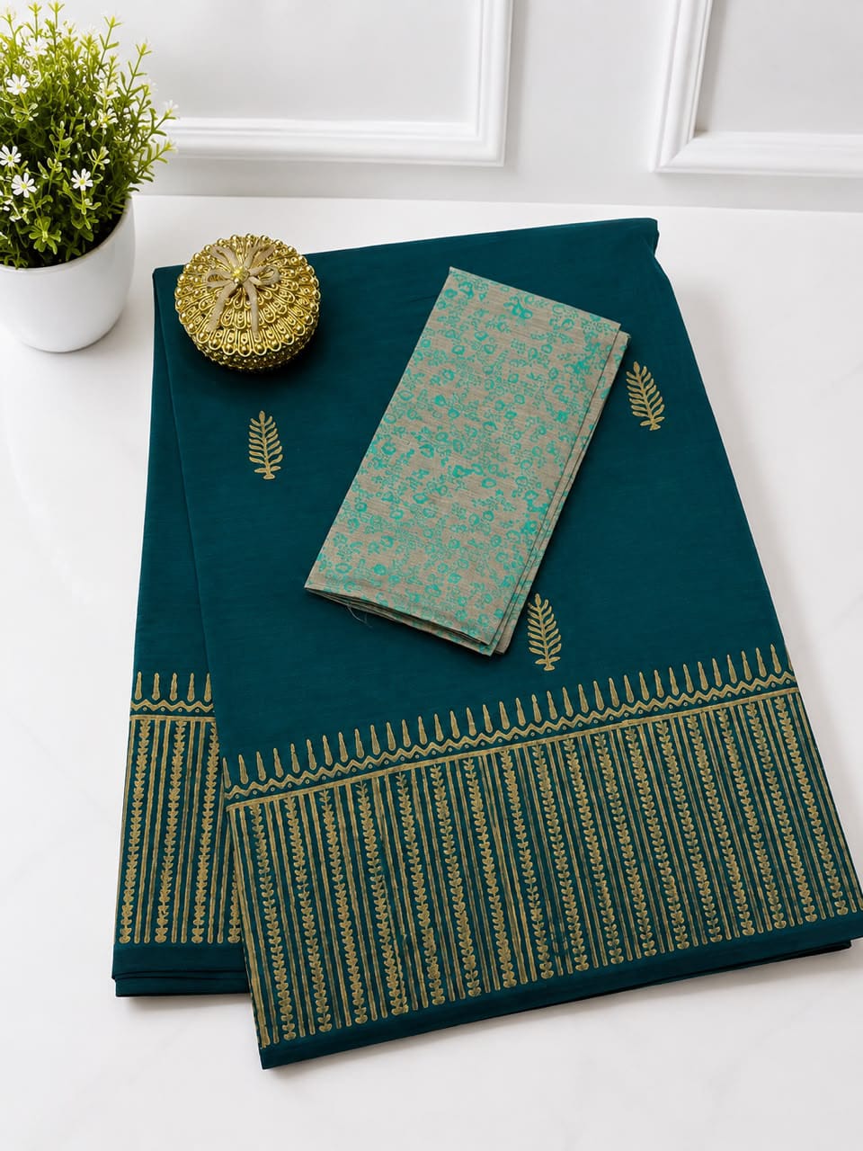 South Cotton Mix Block Printed Saree with Blouse