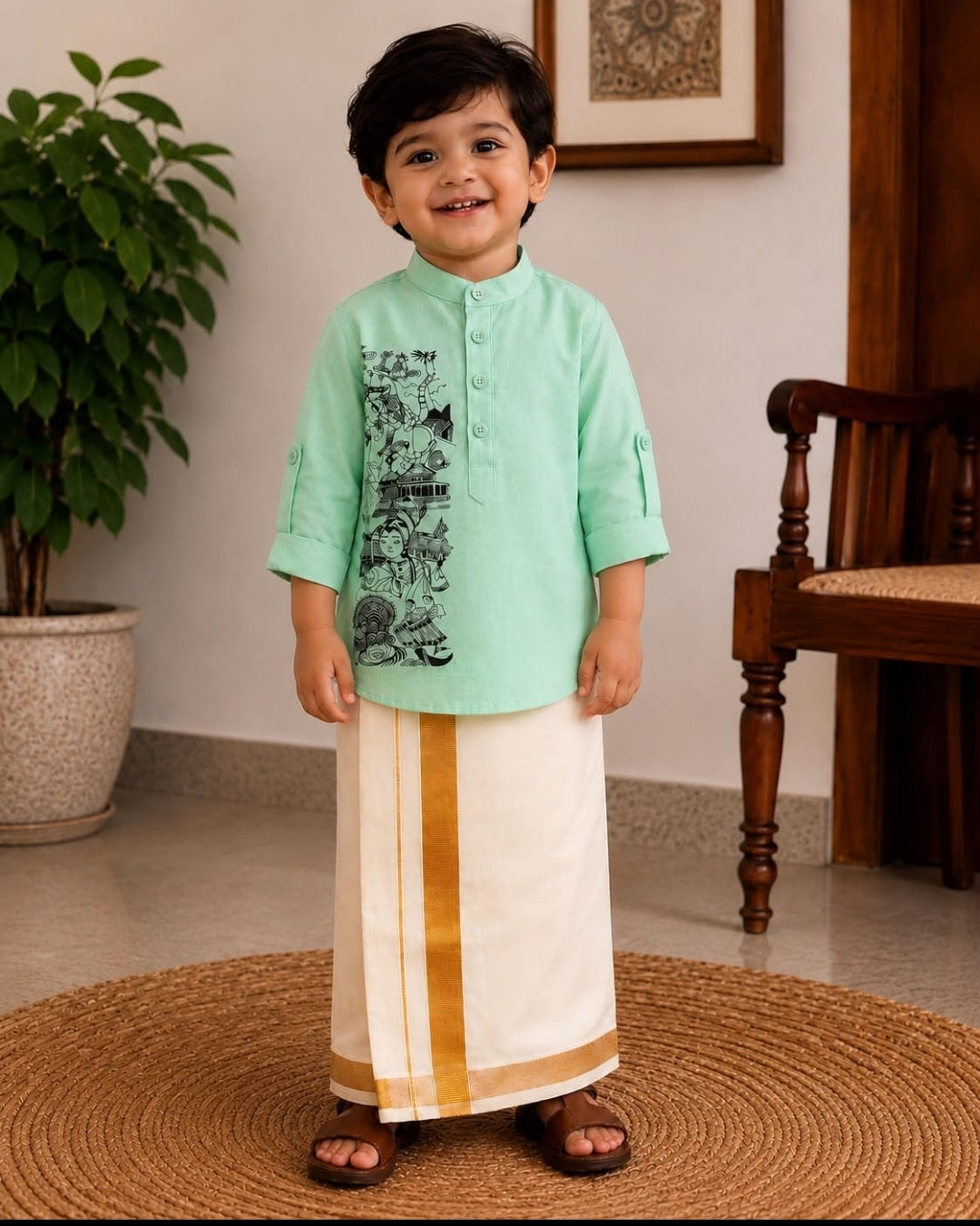 Kids  Embroidered Kurta & White Mundu Set