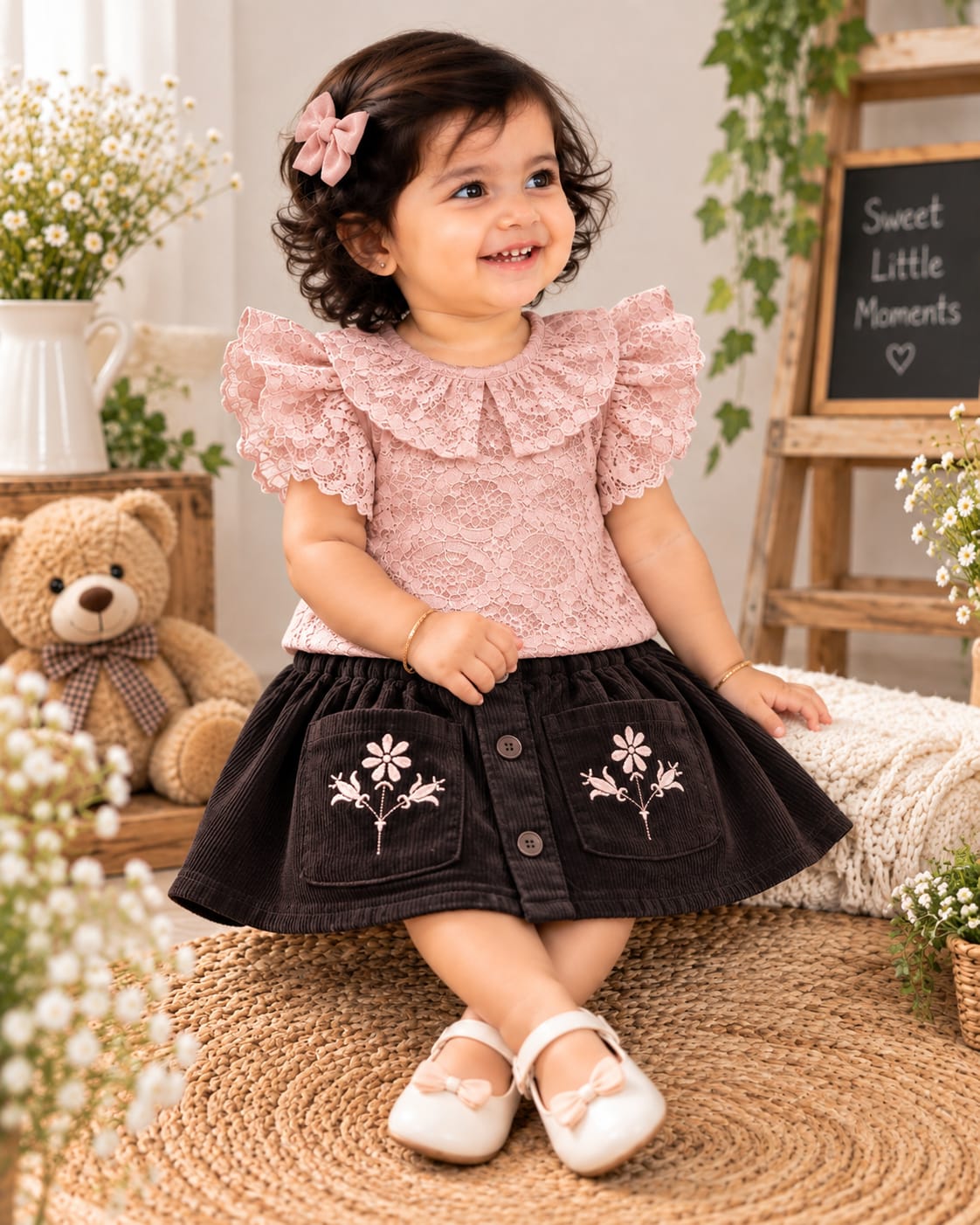 Corduroy Skirt & Floral Lace Top Set