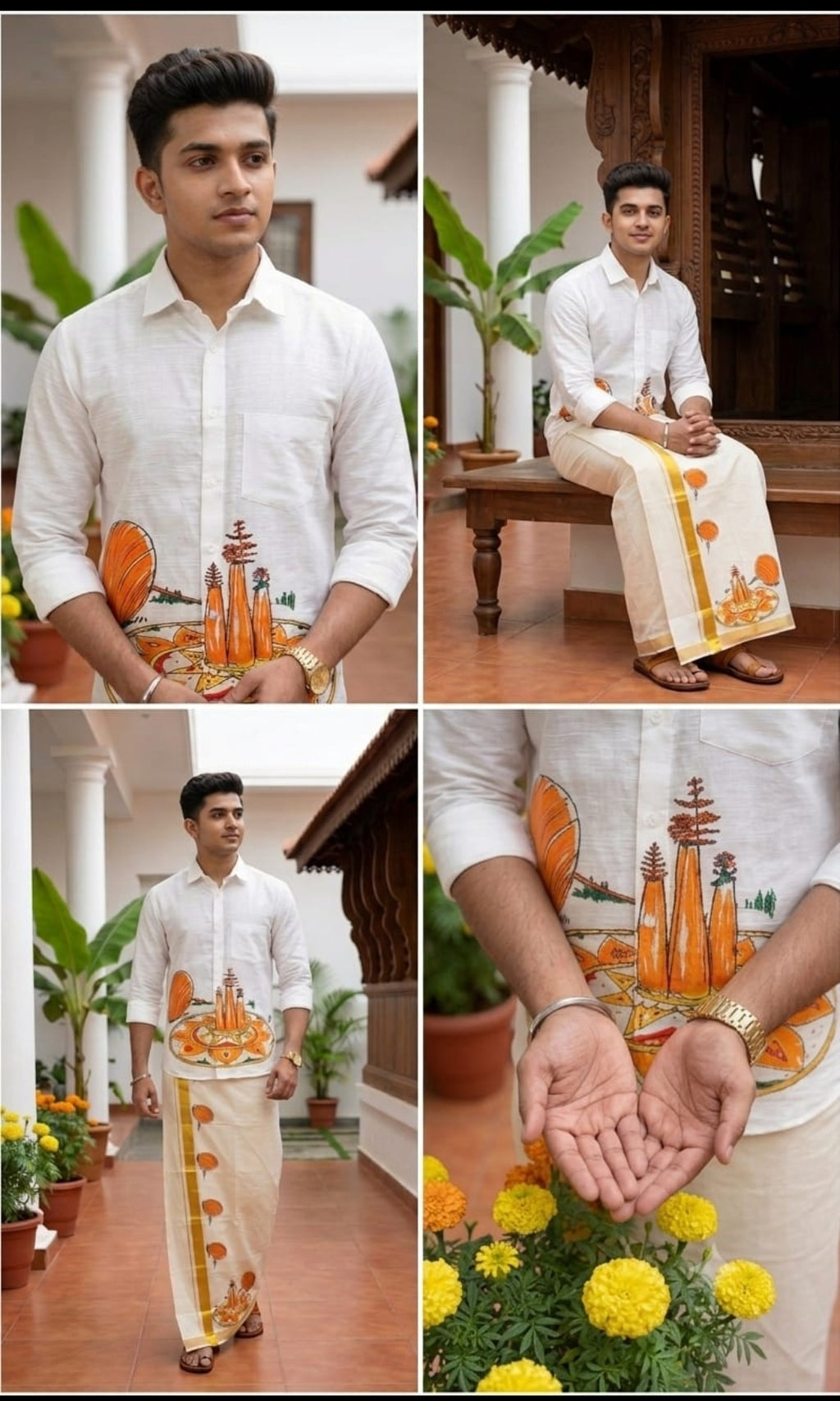 Men's Premium Hand-Painted Onam Shirt & Kasavu Mundu Set