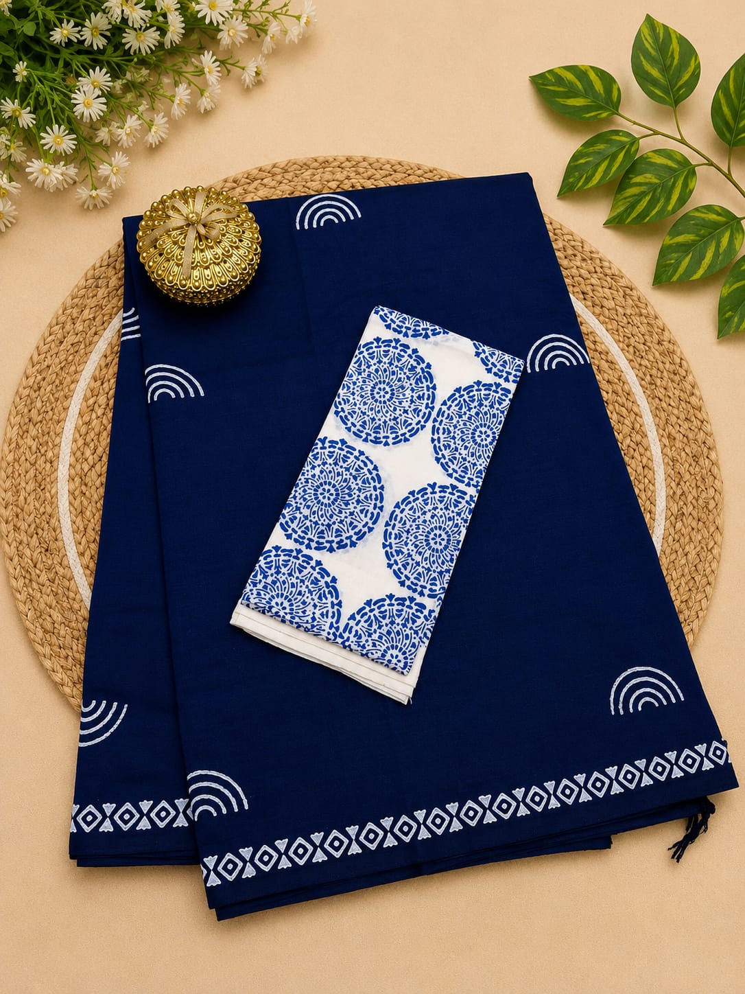 South Cotton Mix Block Printed Saree with Blouse