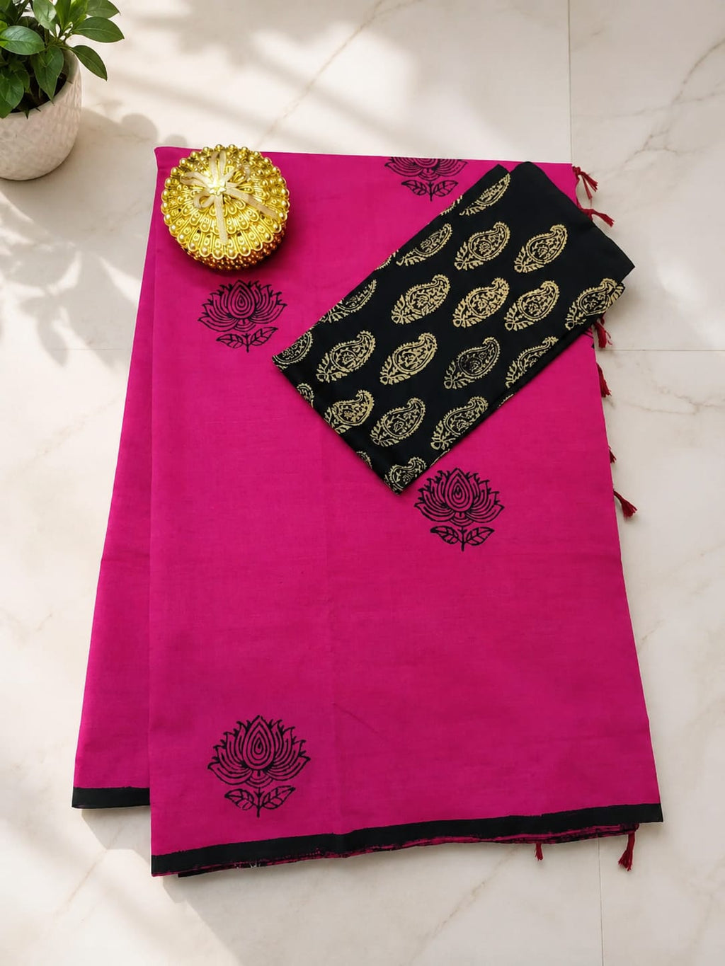South Cotton Mix Block Printed Saree with Blouse